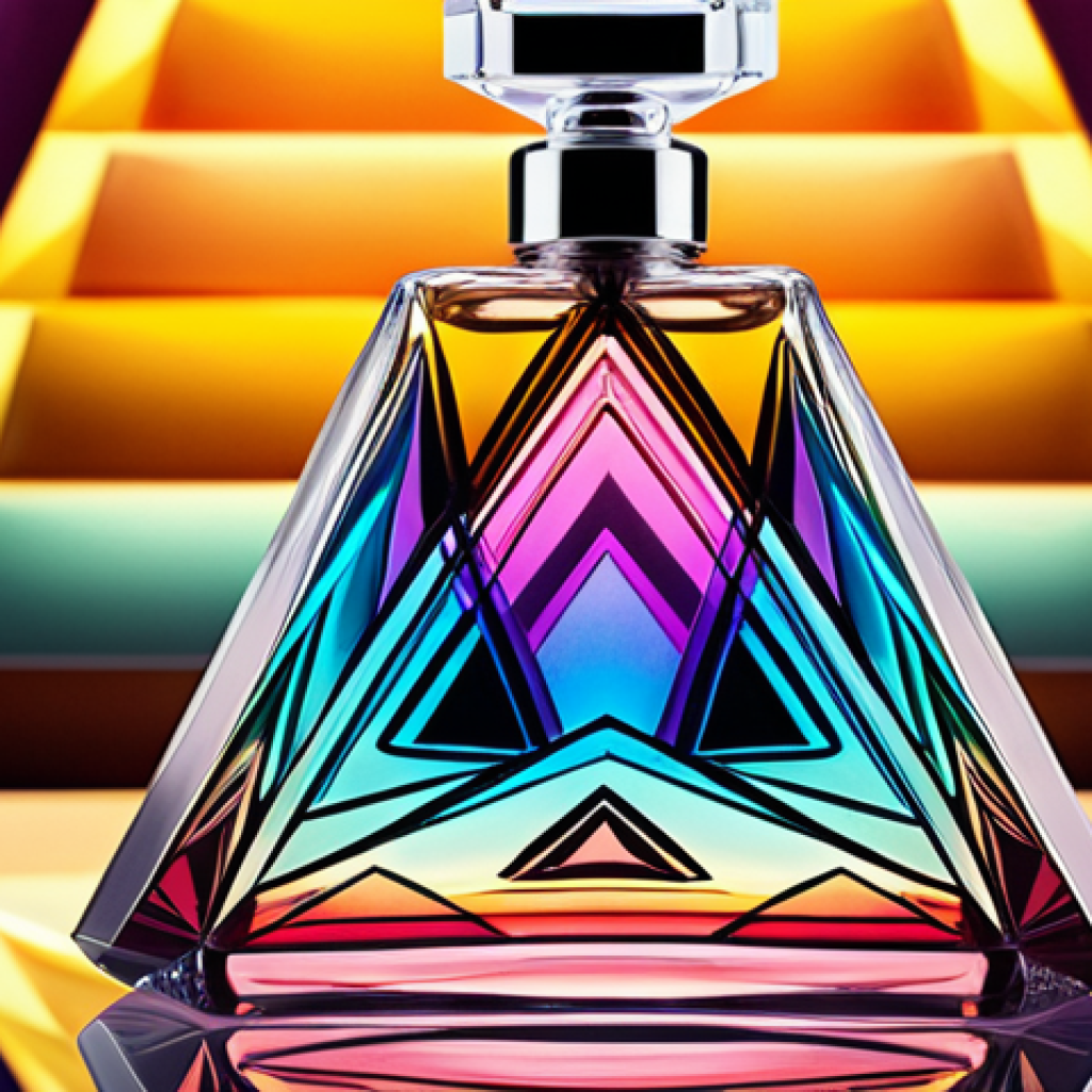 **Image:** A close-up shot of a perfume bottle with an intricate design, reflecting a kaleidoscope of colors and scents. Focus on visual representation of "fragrance pyramid" with vaporous layers of top, middle, and base notes subtly swirling around the bottle. Style: Dreamy, ethereal, vibrant.