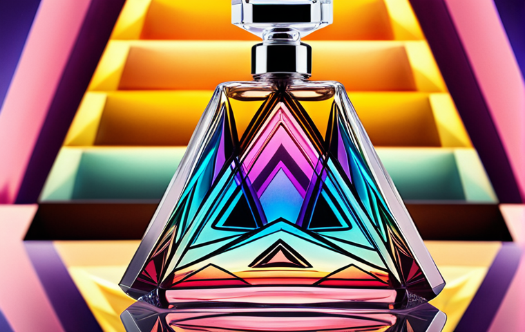 **Image:** A close-up shot of a perfume bottle with an intricate design, reflecting a kaleidoscope of colors and scents. Focus on visual representation of "fragrance pyramid" with vaporous layers of top, middle, and base notes subtly swirling around the bottle. Style: Dreamy, ethereal, vibrant.