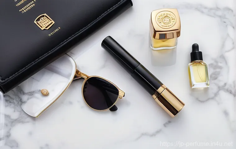 향수 여행용 용기 - **Prompt:** A stylish young woman, elegantly dressed in chic travel attire, standing in a sun-drench...