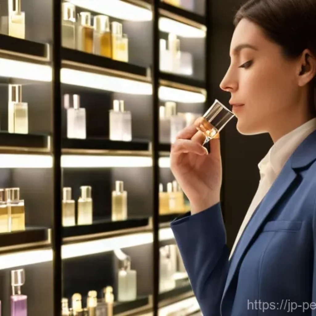 향수의 향기 훈련법 - A sophisticated woman in her early 30s, dressed in a tasteful, modest business casual outfit (such a...