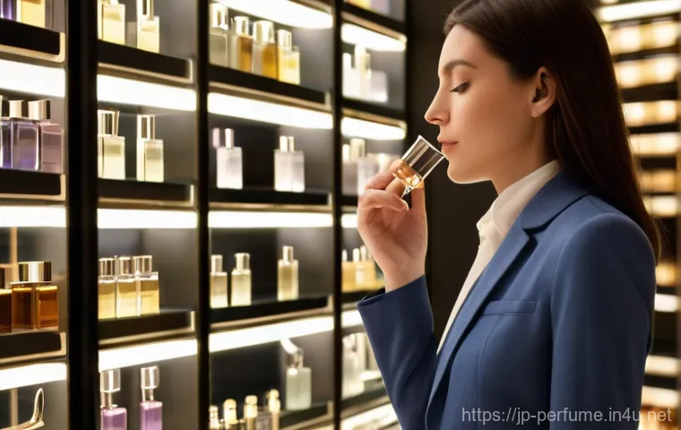 향수의 향기 훈련법 - A sophisticated woman in her early 30s, dressed in a tasteful, modest business casual outfit (such a...