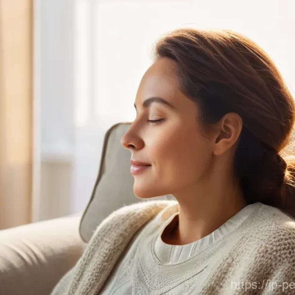 아로마테라피 향수 - **Aromatic Serenity at Home**
    A serene woman in her early 30s, dressed in comfortable, modest lo...