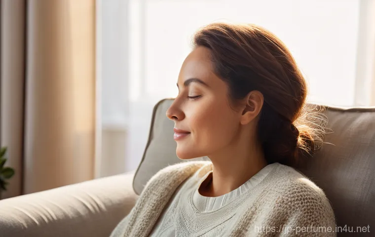 아로마테라피 향수 - **Aromatic Serenity at Home**
    A serene woman in her early 30s, dressed in comfortable, modest lo...