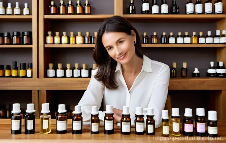 아로마테라피 향수 - **Aromatic Serenity at Home**
    A serene woman in her early 30s, dressed in comfortable, modest lo...