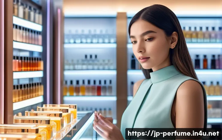 향수 브랜드 마케팅 - **AI Fragrance Discovery Experience**
    A stylish young woman, mid-20s, with a curious expression,...