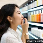 향수와 면세점 쇼핑 - A stylish Japanese woman in her 30s carefully testing perfumes at a bright, modern airport duty-free...