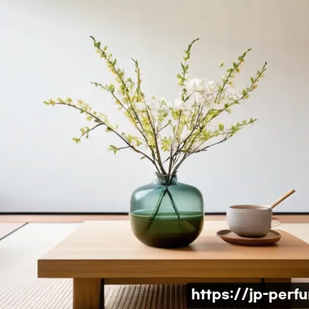 향수와 웰빙의 관계 - A serene Japanese-style living room bathed in soft natural light during early morning, featuring a m...