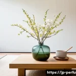 향수와 웰빙의 관계 - A serene Japanese-style living room bathed in soft natural light during early morning, featuring a m...