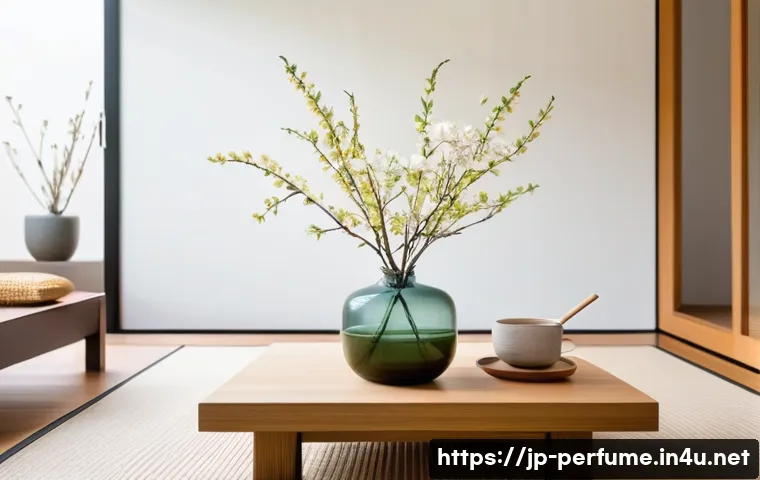 향수와 웰빙의 관계 - A serene Japanese-style living room bathed in soft natural light during early morning, featuring a m...