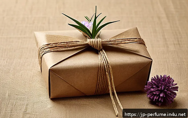 향수 선물 포장법 - A beautifully wrapped perfume bottle using natural kraft paper with neatly folded edges, tied with a...