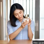 향수의 세련된 사용법 - A modern Japanese woman in a stylish casual outfit applying layered perfume on her wrist, surrounded...