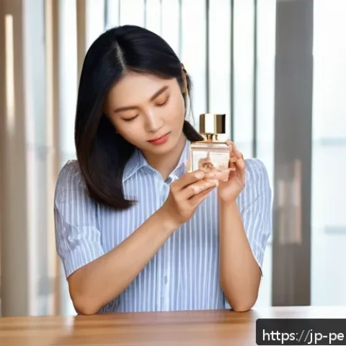 향수의 세련된 사용법 - A modern Japanese woman in a stylish casual outfit applying layered perfume on her wrist, surrounded...