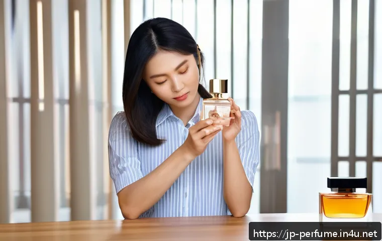향수의 세련된 사용법 - A modern Japanese woman in a stylish casual outfit applying layered perfume on her wrist, surrounded...