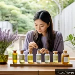 향수 만들기 도전기 - A serene and elegant Japanese-style room bathed in soft natural light, featuring a delicate arrangem...