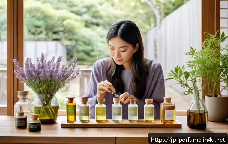 향수 만들기 도전기 - A serene and elegant Japanese-style room bathed in soft natural light, featuring a delicate arrangem...