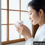 향수 오래 지속시키는 법 - A serene Japanese woman in a modern bathroom applying unscented moisturizing body lotion to her smoo...