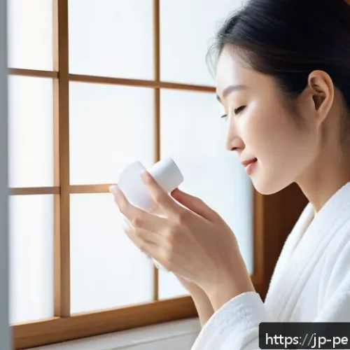향수 오래 지속시키는 법 - A serene Japanese woman in a modern bathroom applying unscented moisturizing body lotion to her smoo...