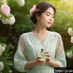 향수의 스타일별 추천 - A serene spring morning scene featuring a young woman wearing elegant light pastel clothing with flo...