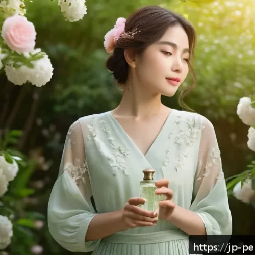 향수의 스타일별 추천 - A serene spring morning scene featuring a young woman wearing elegant light pastel clothing with flo...