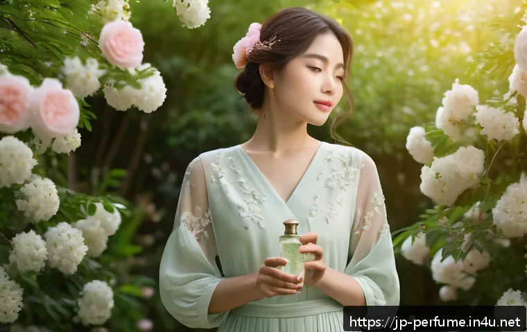향수의 스타일별 추천 - A serene spring morning scene featuring a young woman wearing elegant light pastel clothing with flo...